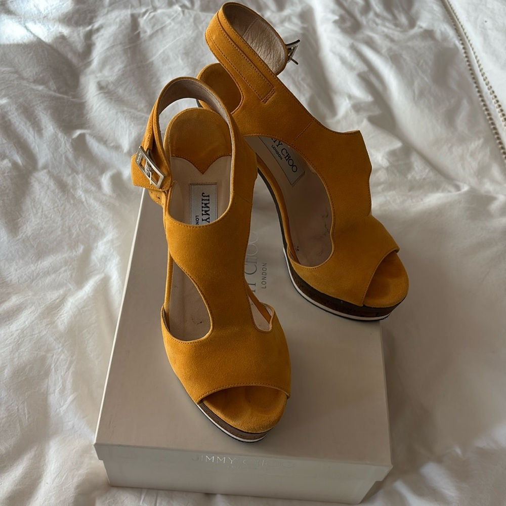 Jimmy Choo Mustard Suede Platform Sandals 37